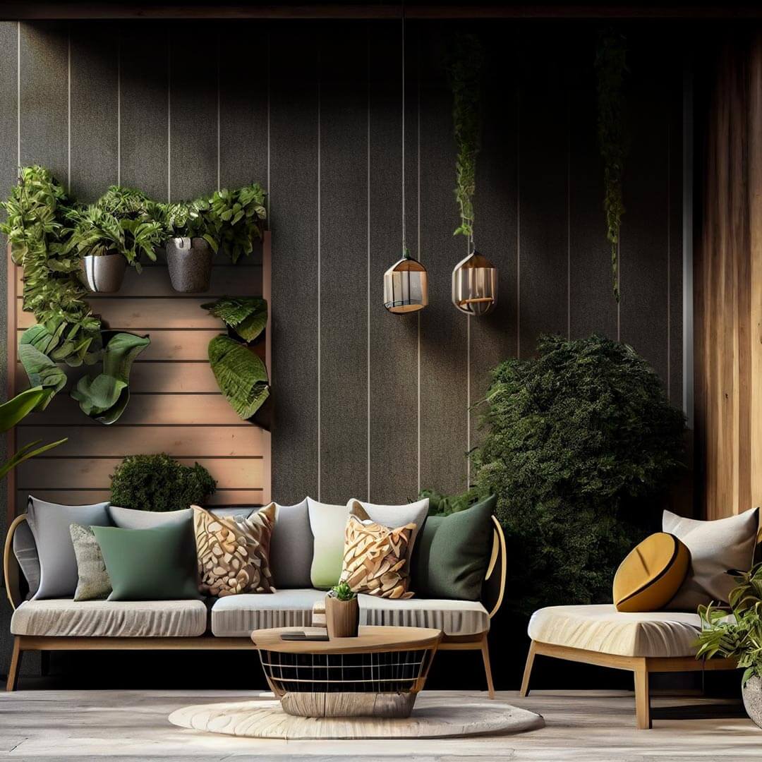 Neu-Gestaltung einer Terrassenwand mit VinyTherm Fassadenelementen mit Fase in der Farbe basalt in Kombination mit VinyPlus Fassadenpaneel shadow