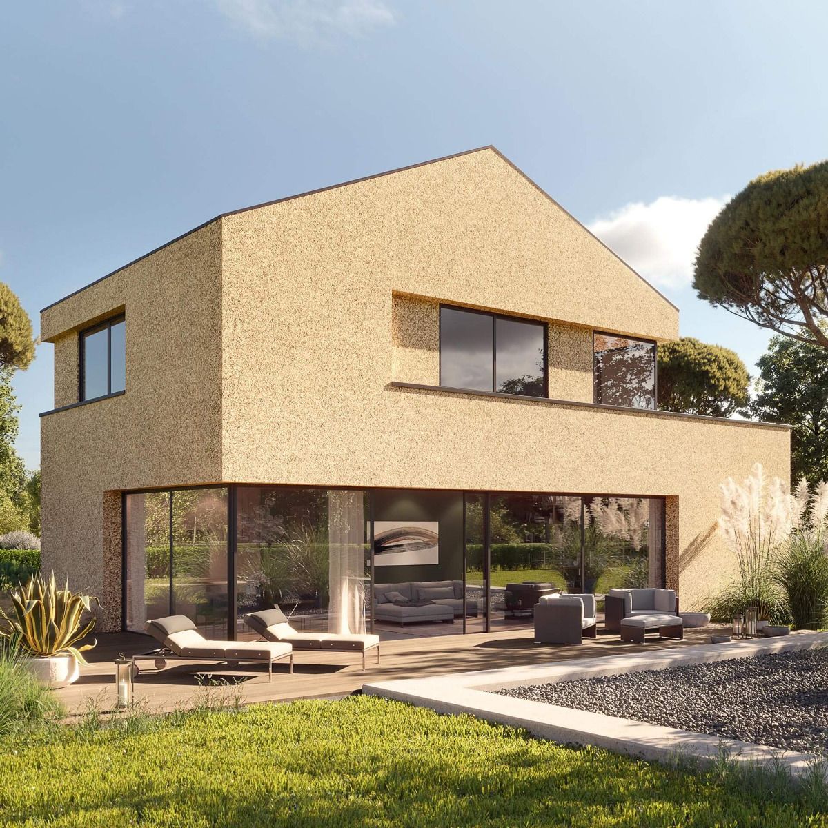 Einfamilienhaus mit gelber Putzfassade von VinyTherm ohne Fase; Farbe Sahara. Der Erker wurde mit der Farbe Bordeaux abgesetzt.