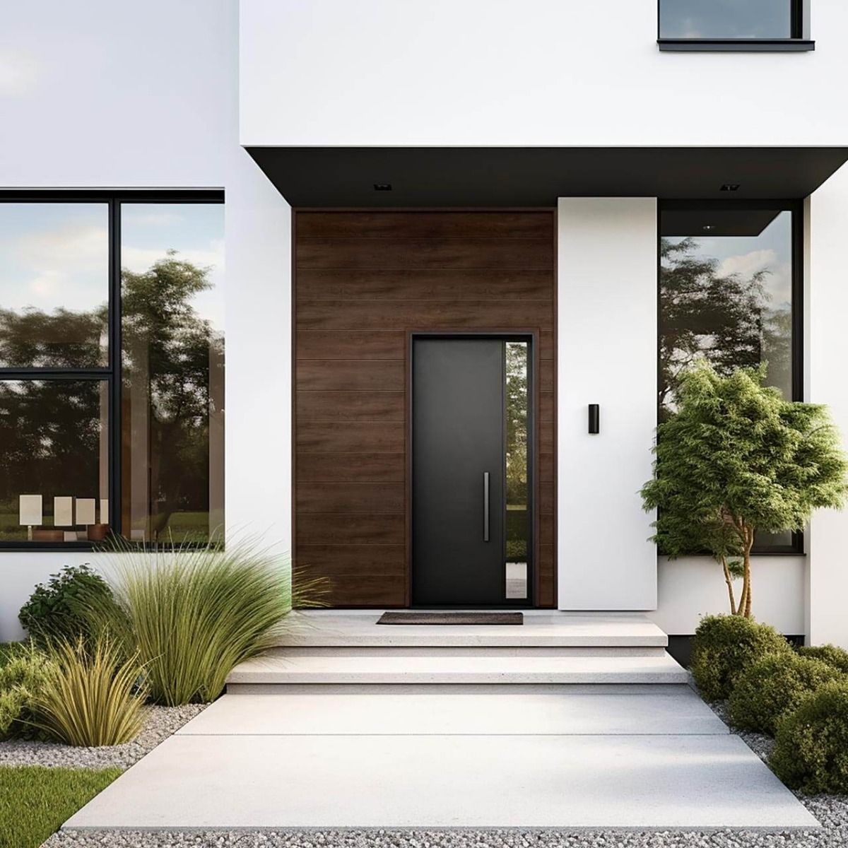 Eingangsbereich eines modernen Wohnhauses mit einer Fassadenverkleidung in Holzoptik von Vinylit Multipaneel Design