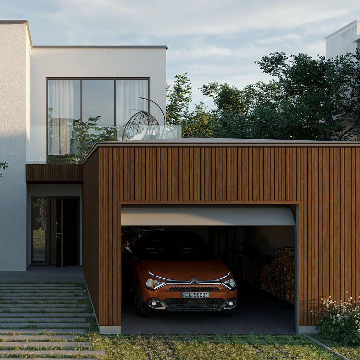 Eine Garagenverkleidung mit Außenlamellenpaneelen von VOX.