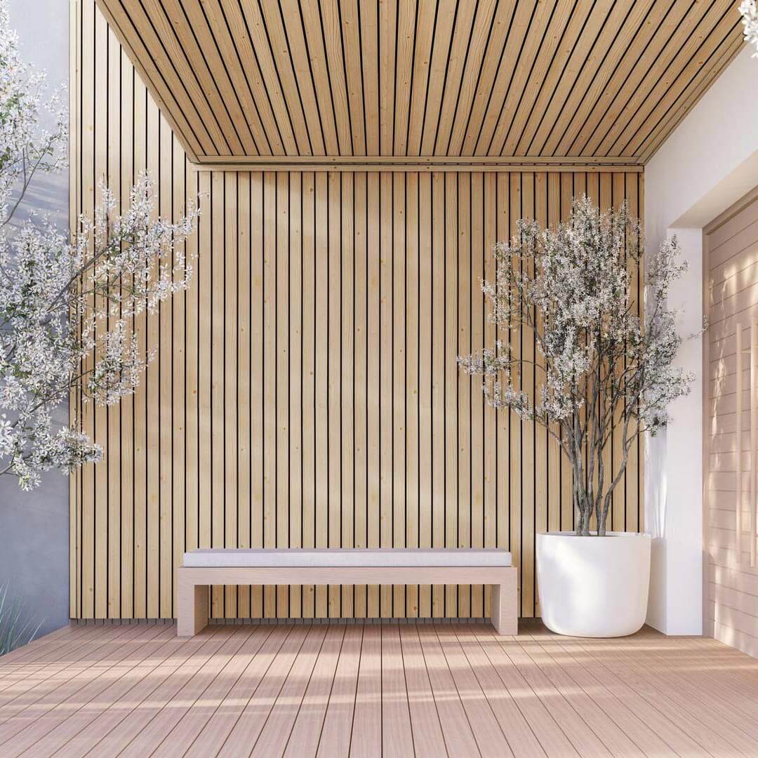 Eine moderne Terrassenwand, gestaltet mit vinyPlus Quattro Fassadenpaneelen. Ein Paneel vinyPlus Quattro entspricht 4 Rhombusleisten je 75mm
